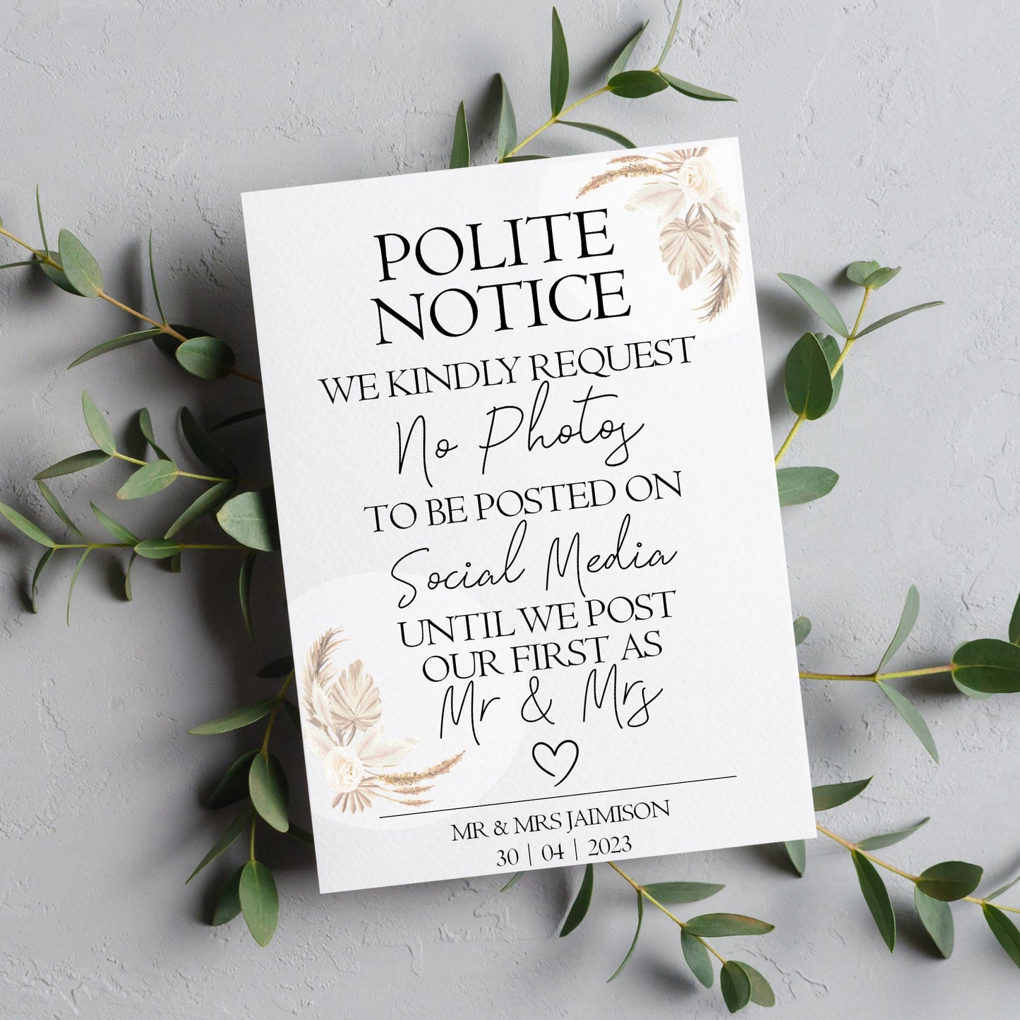 Personalised No Social Media Wedding Sign: Pampas Table Decor, No Photos Display for Guests