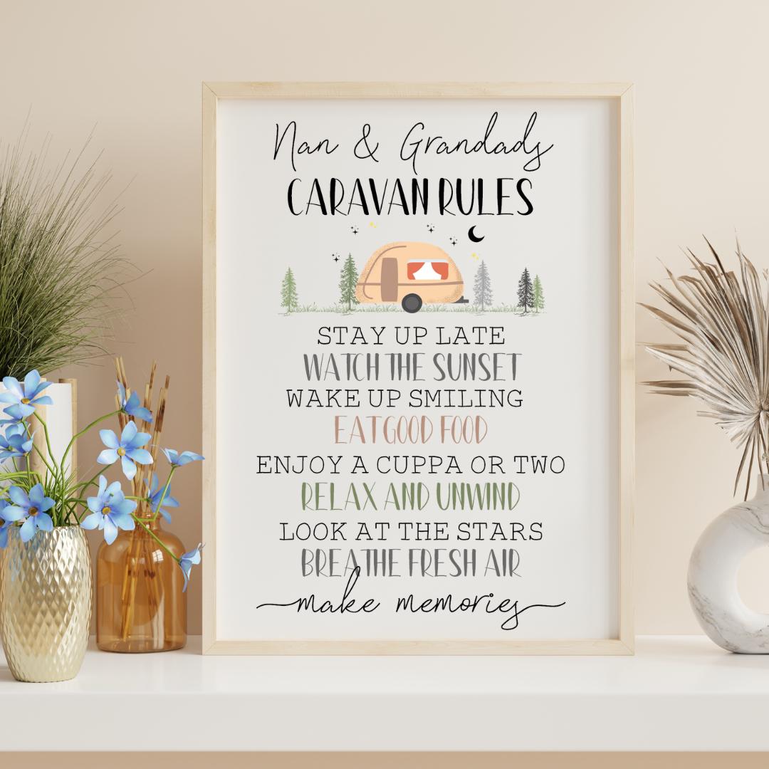 Personalised Family Caravan Rules Print: Rustic Caravan Decor, Holiday Home Wall Art, MakeMemories Quote