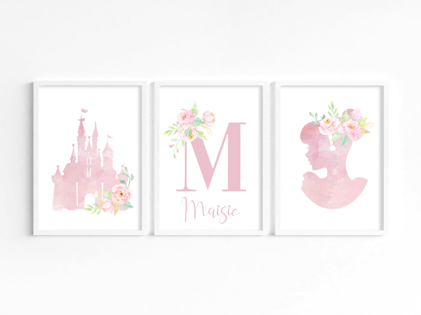 Set of 3 Princess Prints, Personalised Princess Wall Art, Pink Princess decor, Girls Bedroom Prints, Nursery Art, Princess Flower Posters