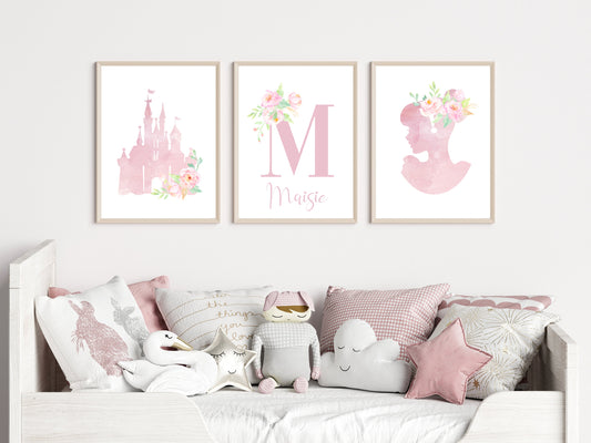 Set of 3 Princess Prints, Personalised Princess Wall Art, Pink Princess decor, Girls Bedroom Prints, Nursery Art, Princess Flower Posters