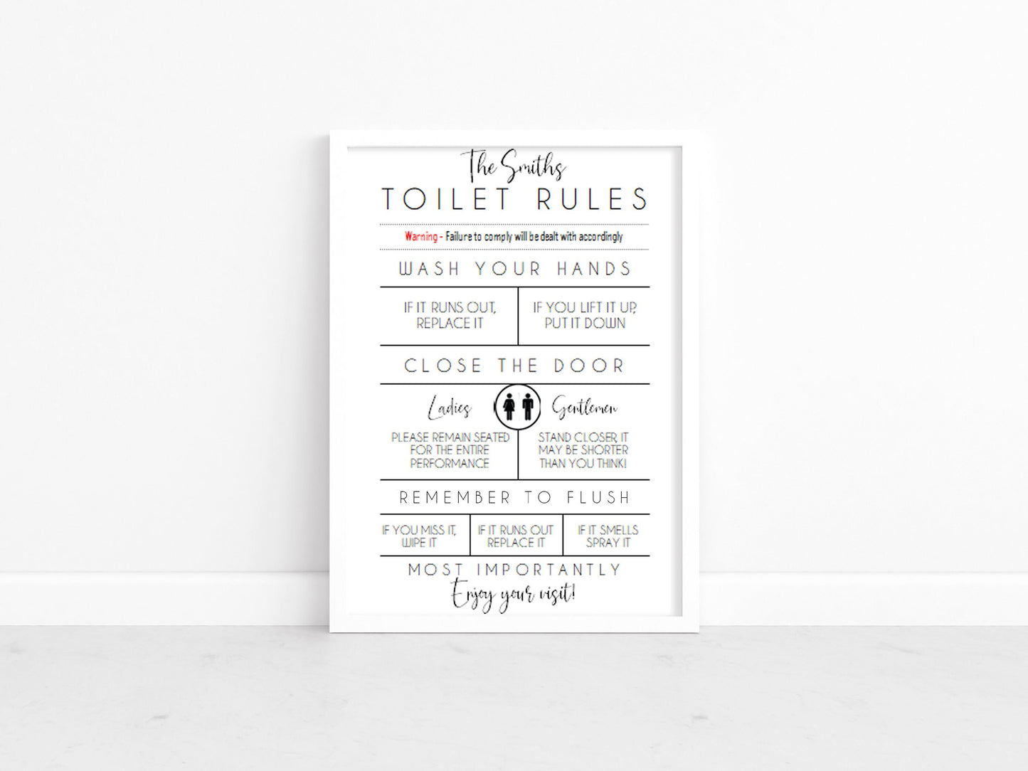Funny Toilet Rules Print, Personalised Bathroom Wall Art, Downstairs Toilet Decor, Guest Toilet Print, Cloakroom Poster Gift, Housewarming