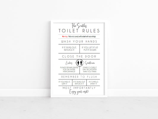 Funny Toilet Rules Print, Personalised Bathroom Wall Art, Downstairs Toilet Decor, Guest Toilet Print, Cloakroom Poster Gift, Housewarming