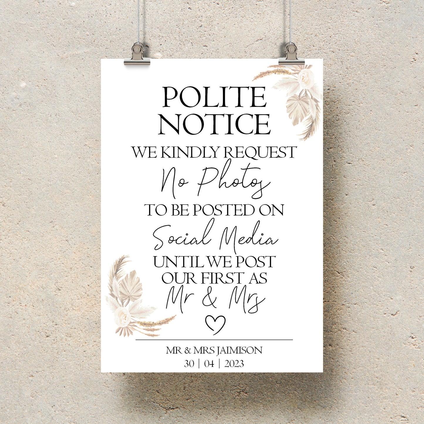 Personalised No Social Media Wedding Sign: Pampas Table Decor, No Photos Display for Guests