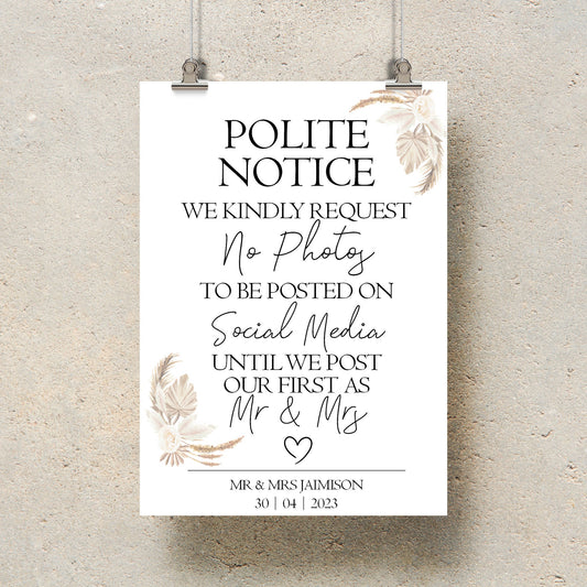 Personalised No Social Media Wedding Sign: Pampas Table Decor, No Photos Display for Guests