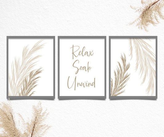 Beige Botanical Bathroom Prints, Set of 3: Spa Decor, Bathroom Wall Art
