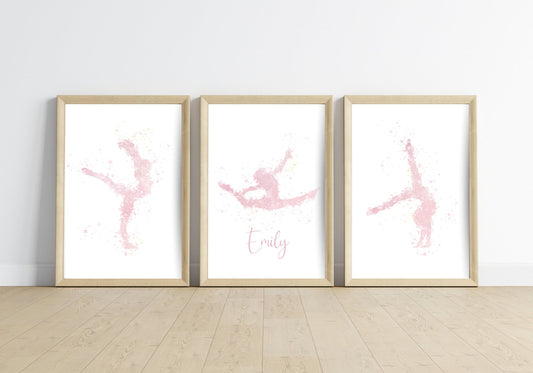 Set of 3 Gymnastics Personalised Name Print, Watercolour Gymnast Prints,Gymnastics Bedroom Print, Girls Bedroom Wall Art, Gymnastic Girl Art