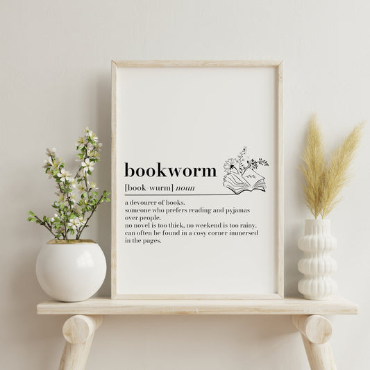 Bookworm Definition Print: Minimalist Book Lover Gift, Personalised Bookshelf Art, Dictionary Quote Print, Bookaholic
