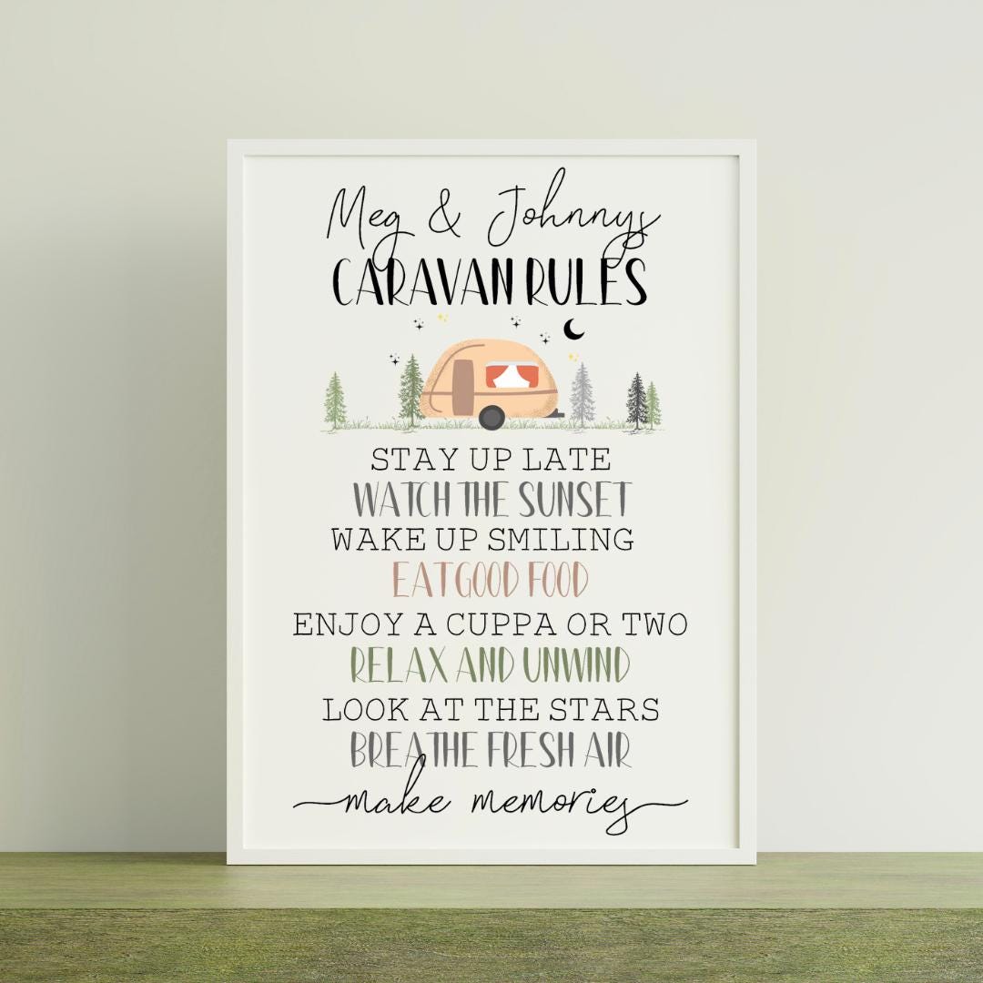 Personalised Family Caravan Rules Print: Rustic Caravan Decor, Holiday Home Wall Art, MakeMemories Quote