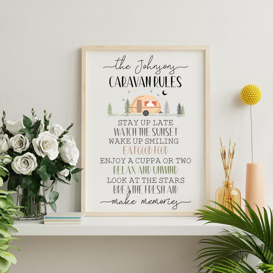 Personalised Family Caravan Rules Print: Rustic Caravan Decor, Holiday Home Wall Art, MakeMemories Quote