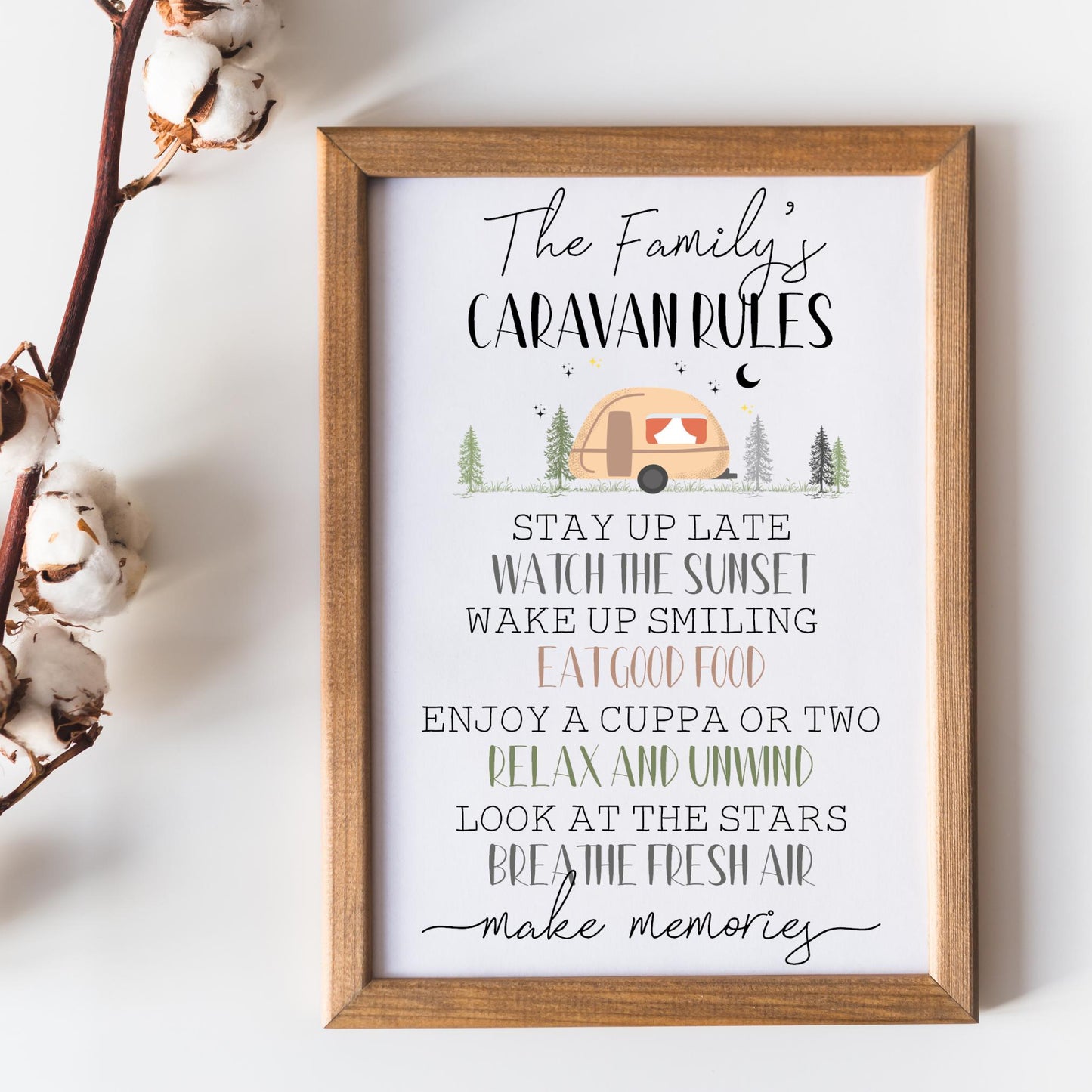 Personalised Family Caravan Rules Print: Rustic Caravan Decor, Holiday Home Wall Art, MakeMemories Quote