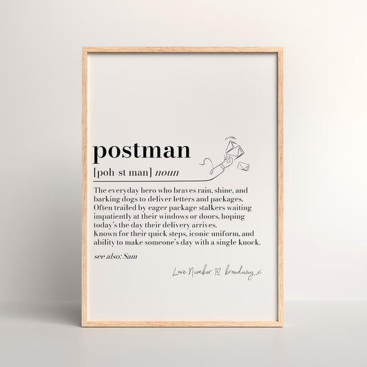 Personalised Postman Definition Print: Postie/Postwoman Thank You Gift, Postal Worker Appreciation, Christmas Keepsake