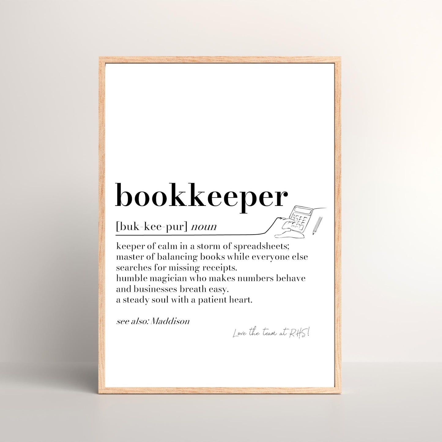 Personalised Bookkeeper Gift: Office Wall Art, Thankyou Gift for Book keeper, Finance Team Print