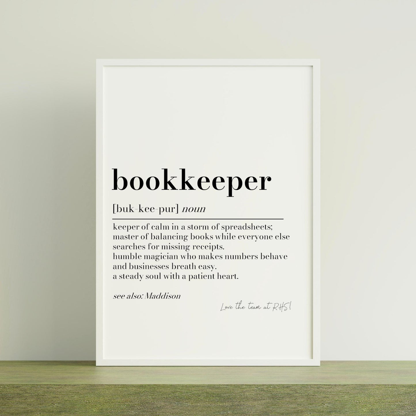 Personalised Bookkeeper Gift: Office Wall Art, Thankyou Gift for Book keeper, Finance Team Print