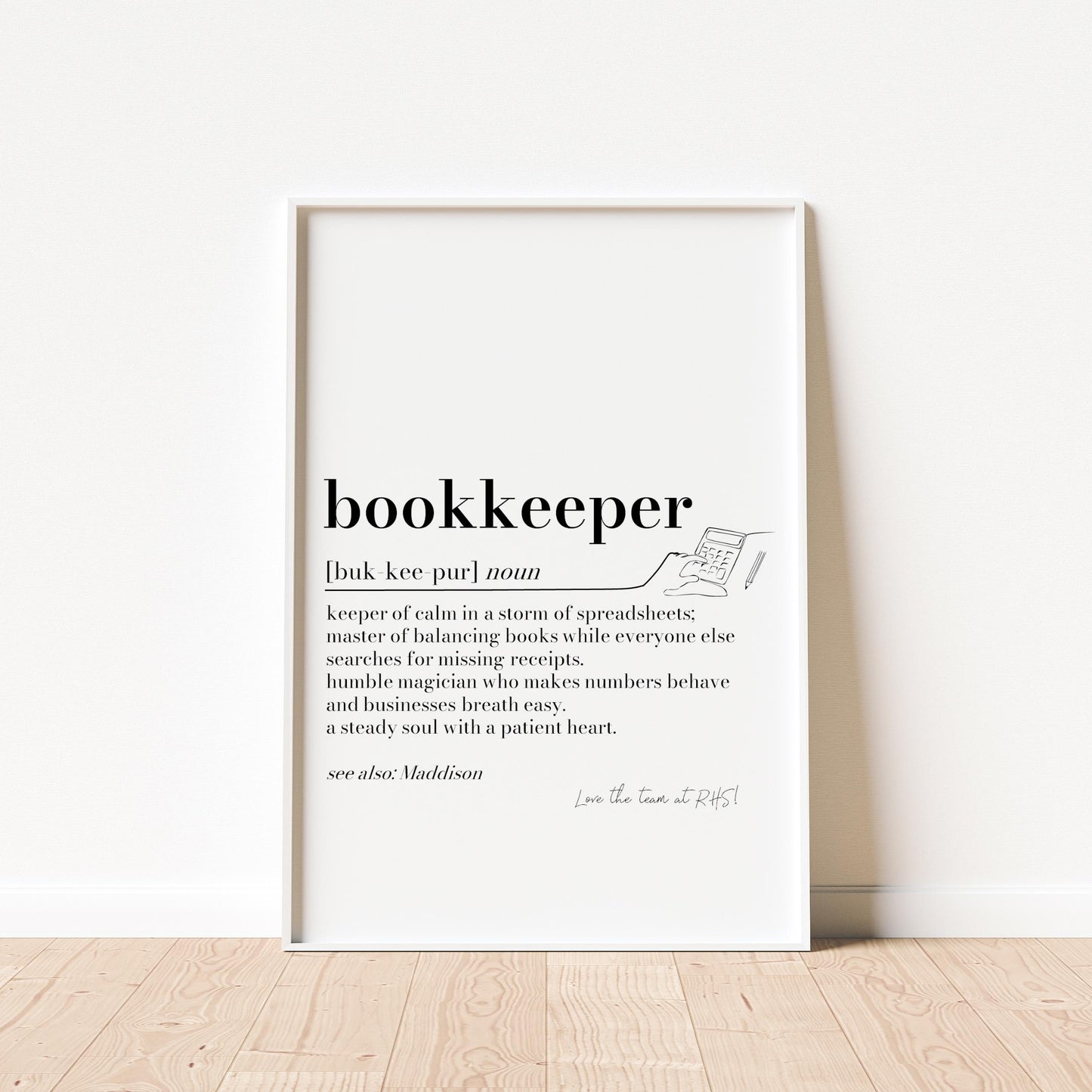 Personalised Bookkeeper Gift: Office Wall Art, Thankyou Gift for Book keeper, Finance Team Print