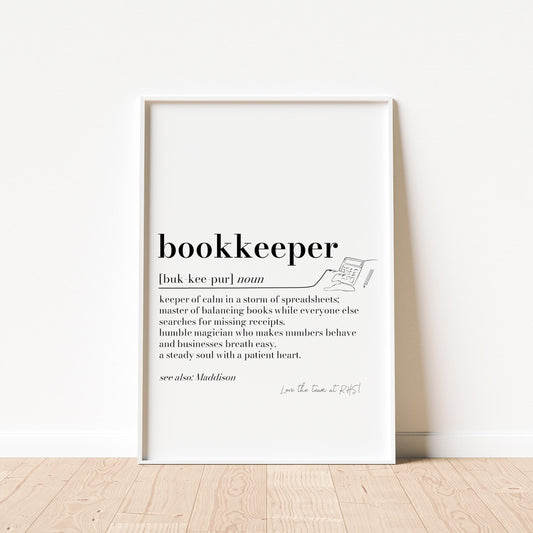 Personalised Bookkeeper Gift: Office Wall Art, Thankyou Gift for Book keeper, Finance Team Print