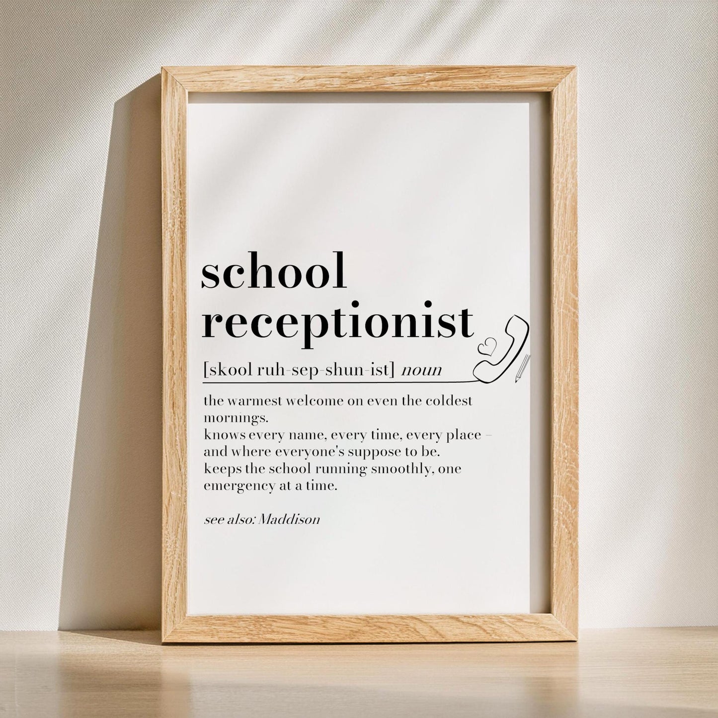 School Receptionist Definition Print: Office Wall Art, Reception Staff Gift, Thank You, Personalised Gift