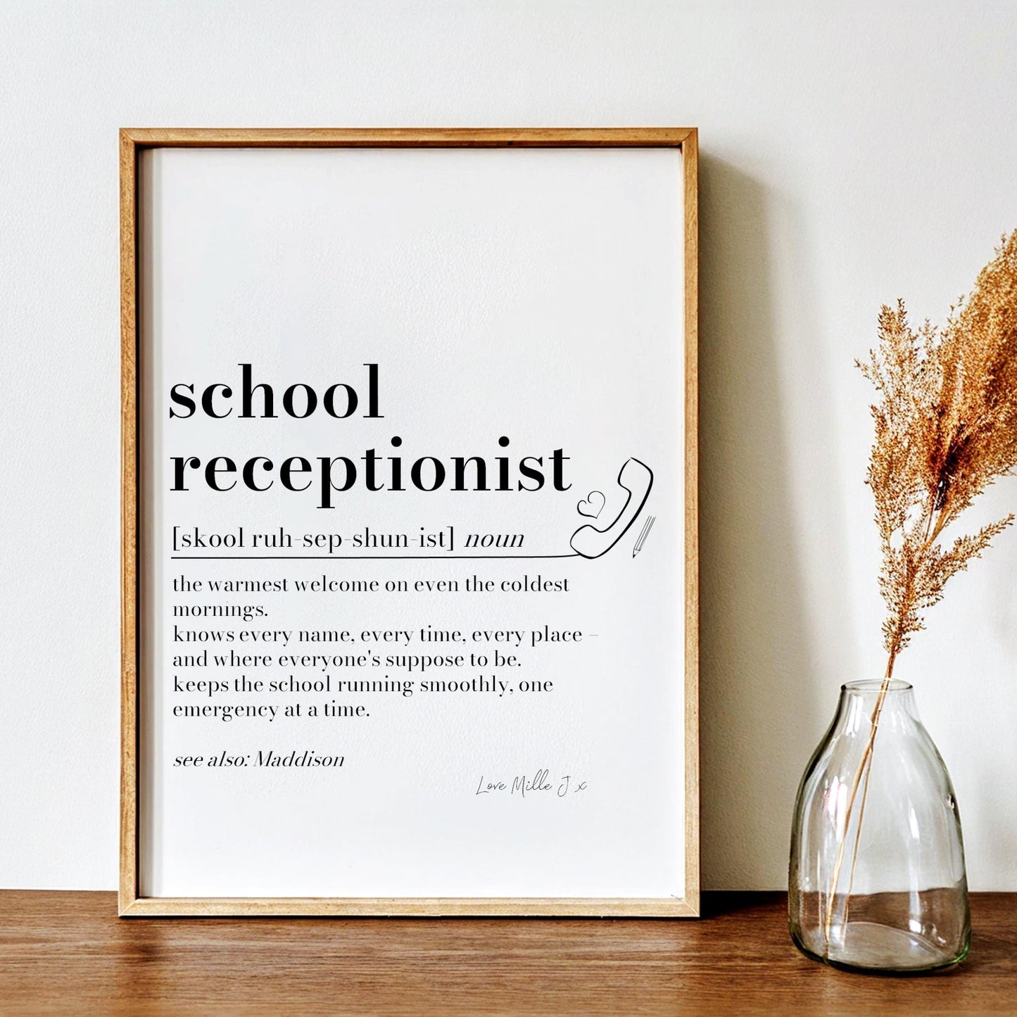 School Receptionist Definition Print: Office Wall Art, Reception Staff Gift, Thank You, Personalised Gift