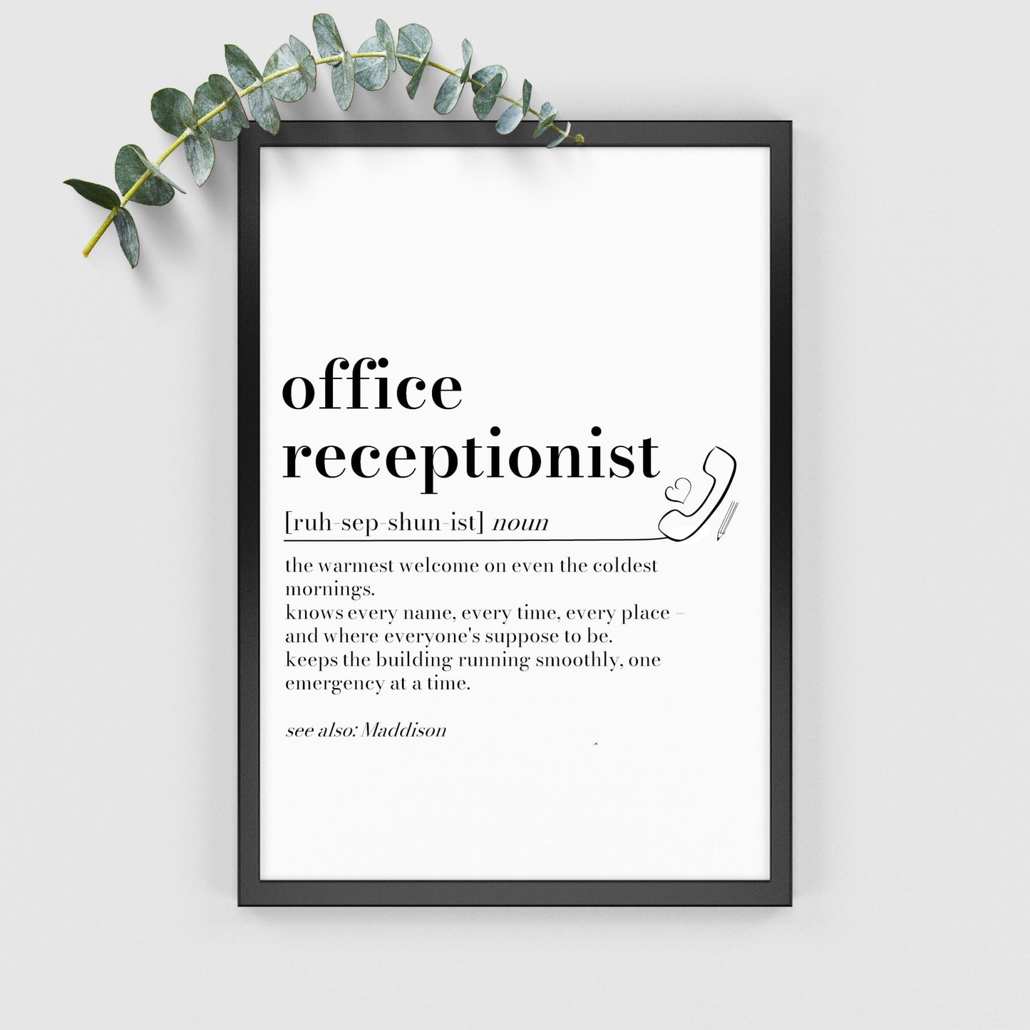 Receptionist Definition Print: Personalised Receptionist Gift, Leaving Present, Office Secret Santa, Reception Desk Decor