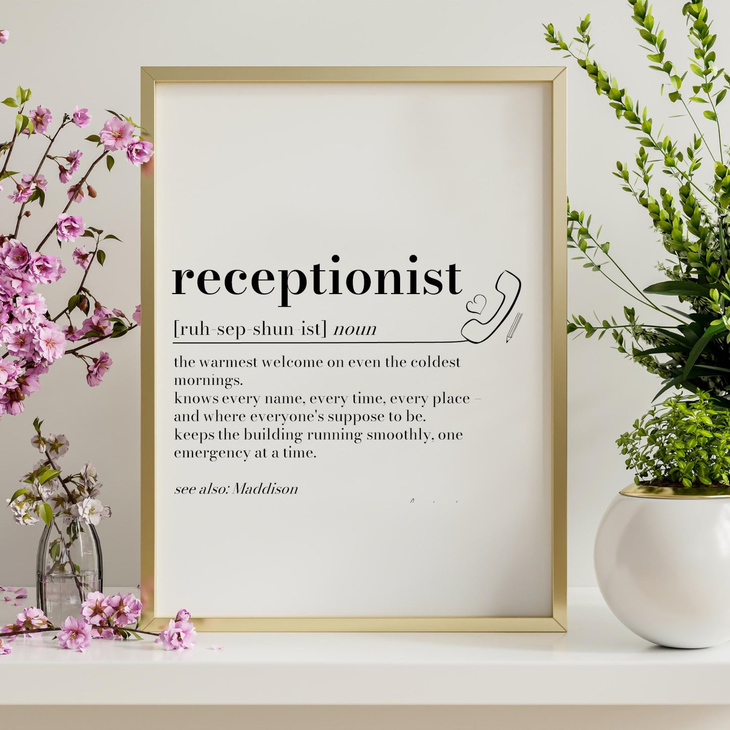 Receptionist Definition Print: Personalised Receptionist Gift, Leaving Present, Office Secret Santa, Reception Desk Decor