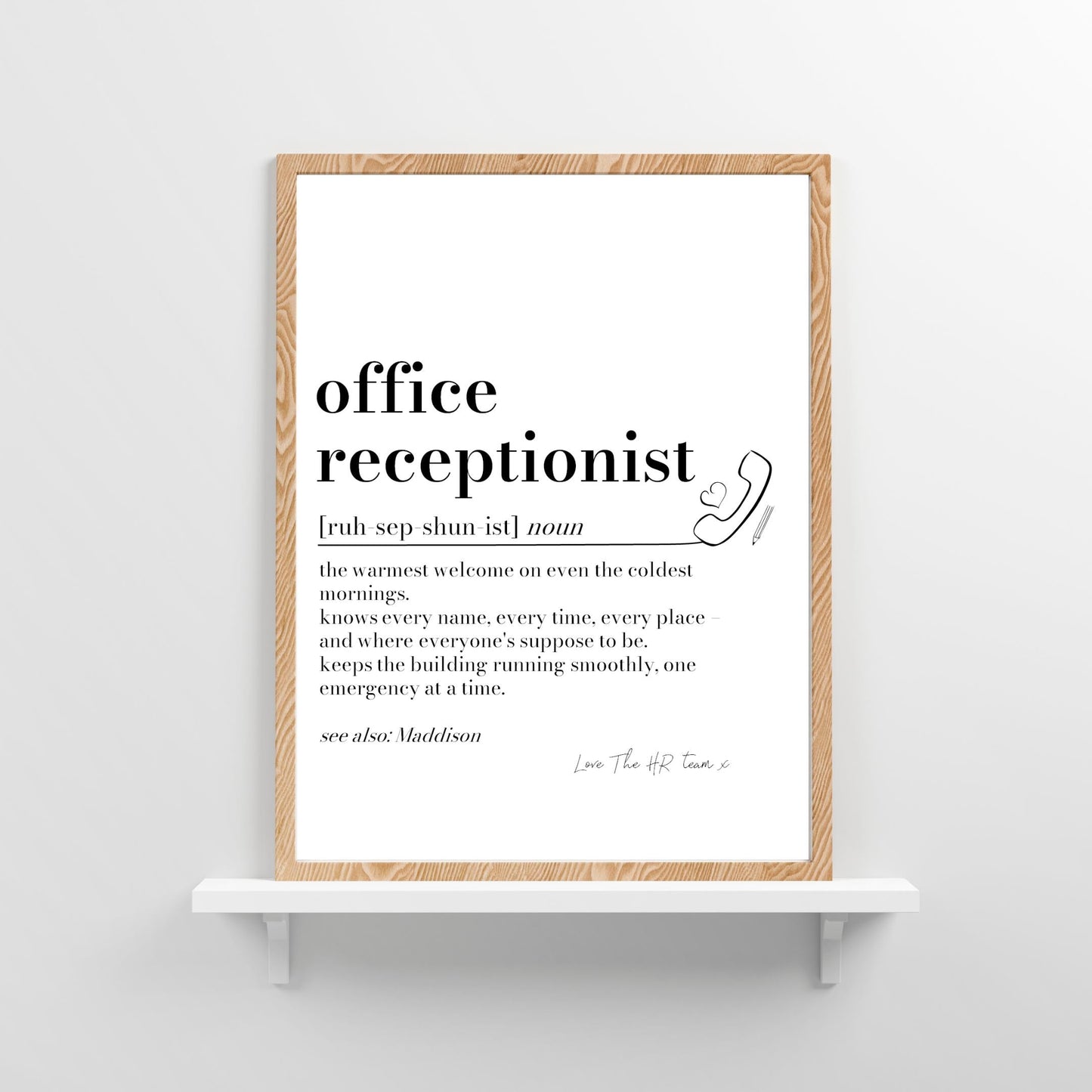 Receptionist Definition Print: Personalised Receptionist Gift, Leaving Present, Office Secret Santa, Reception Desk Decor