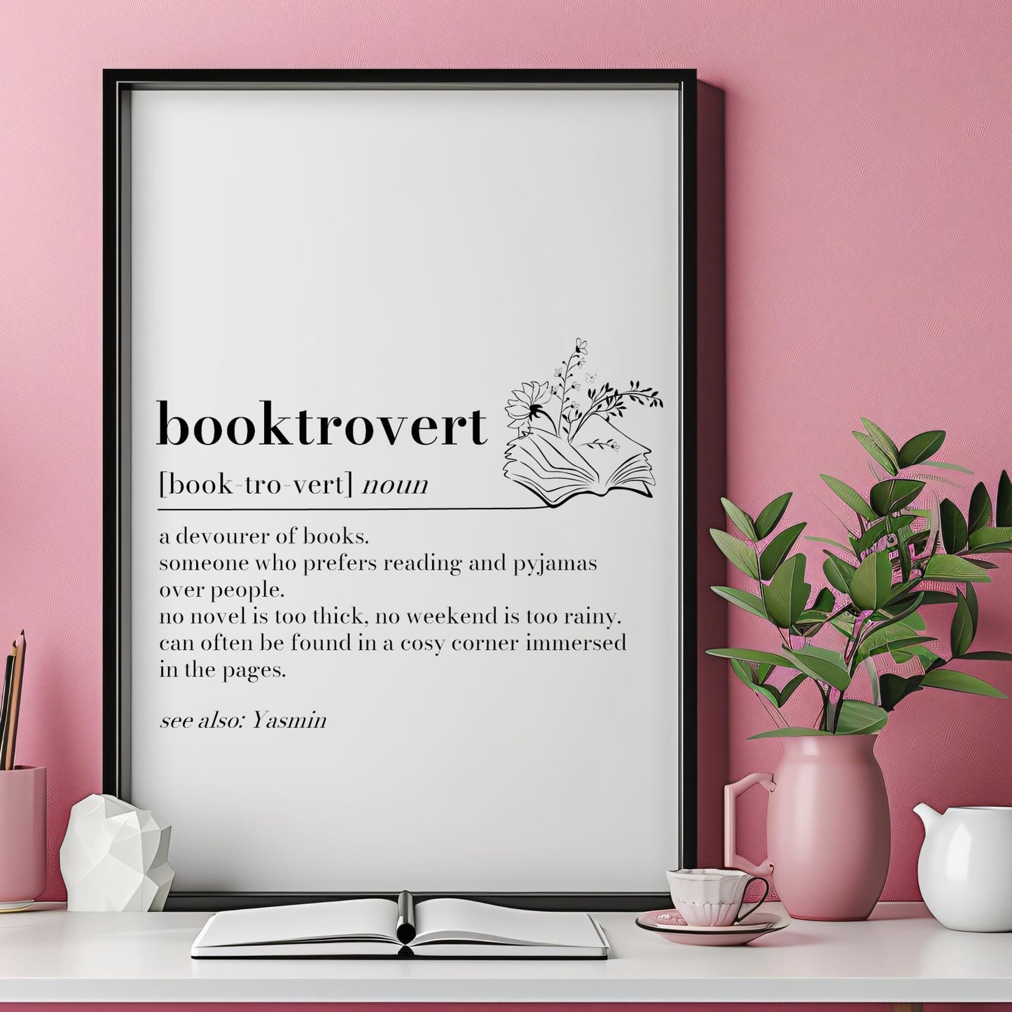 Booktrovert Definition Print: Minimalist Book Lover Gift, Personalised Bookshelf Art, Dictionary Quote Print, Bookworm Frame