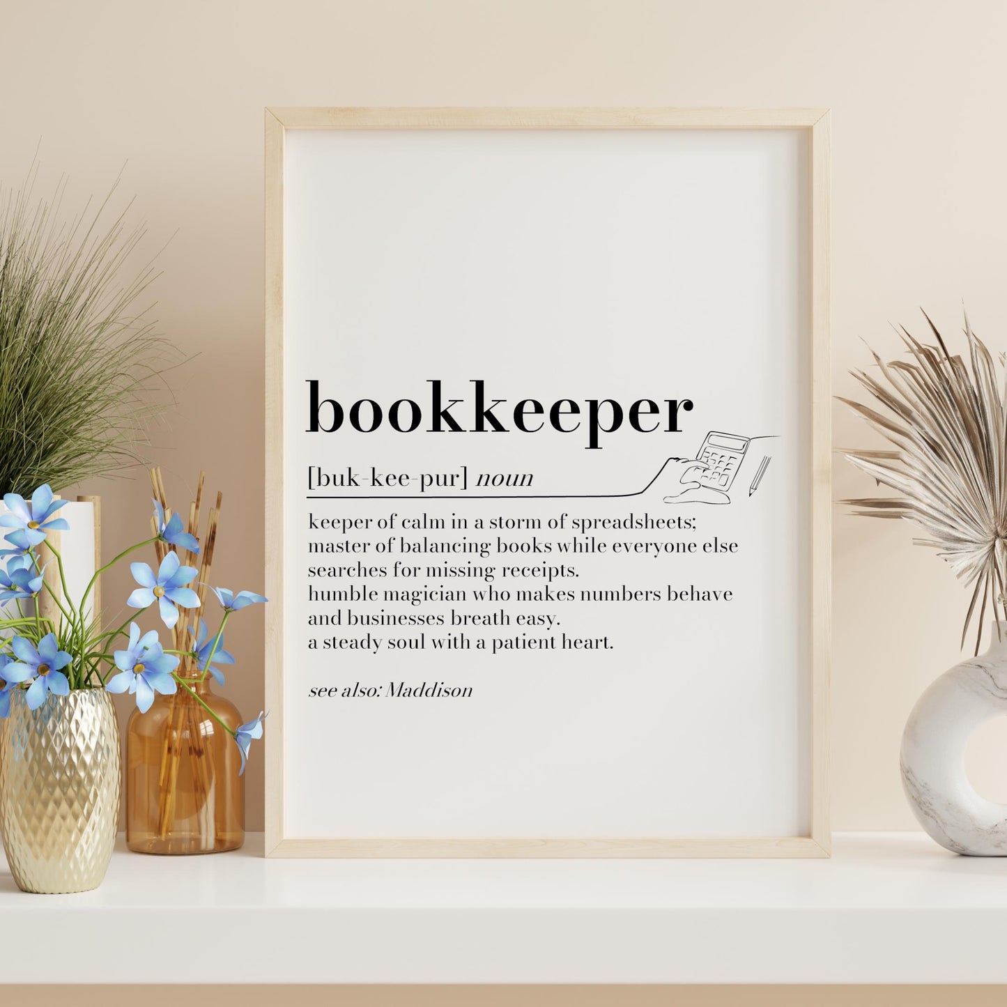 Personalised Bookkeeper Gift: Office Wall Art, Thankyou Gift for Book keeper, Finance Team Print