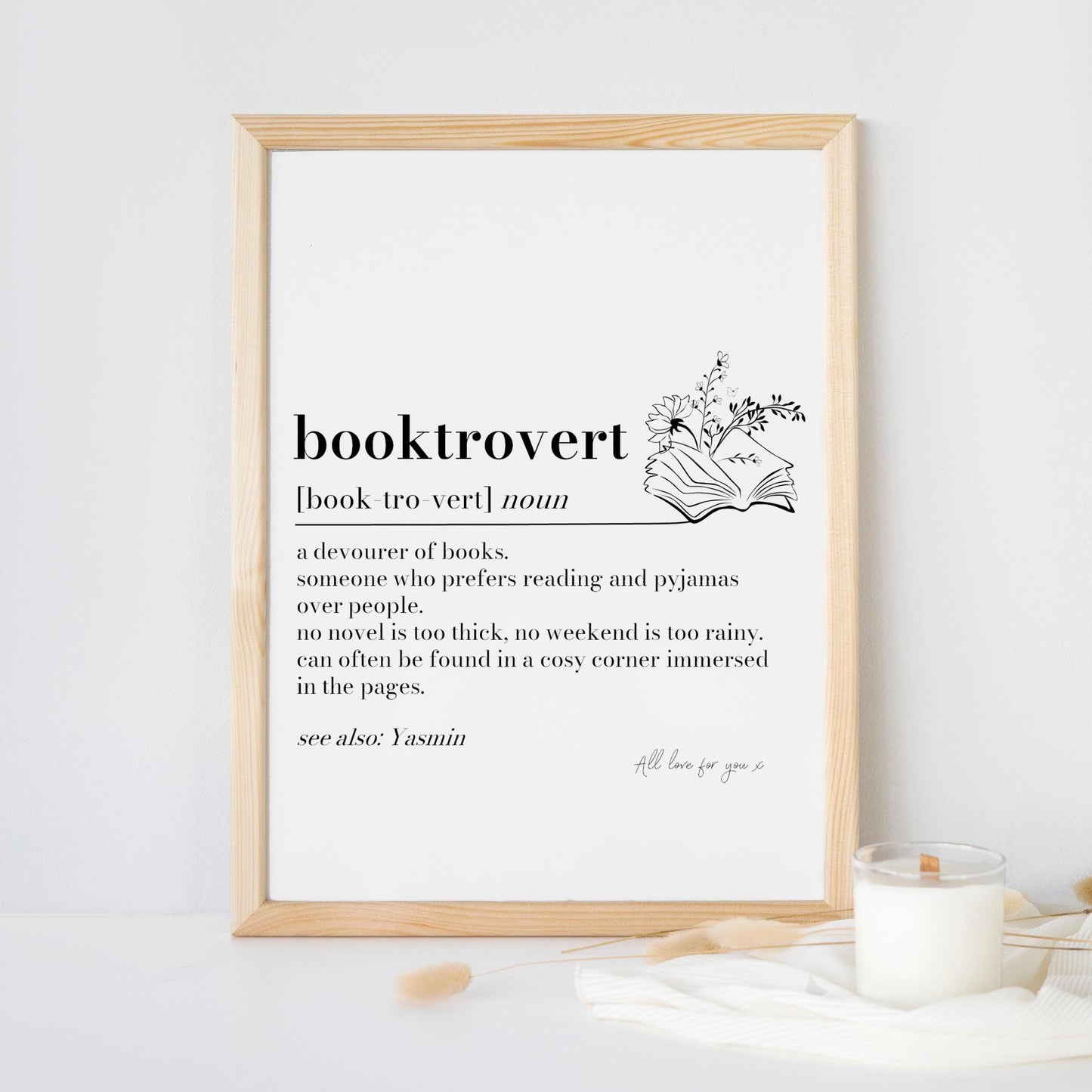 Booktrovert Definition Print: Minimalist Book Lover Gift, Personalised Bookshelf Art, Dictionary Quote Print, Bookworm Frame