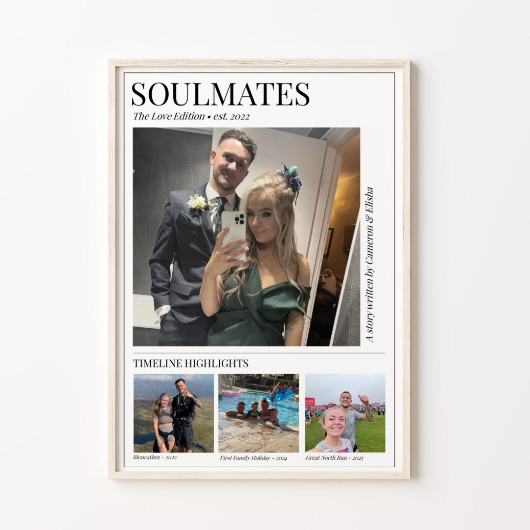 Soulmates Magazine-style photo collage, Personalised Couple Picture Gift, Modern Love Story Print, Romantic Present Valentines Anniversary