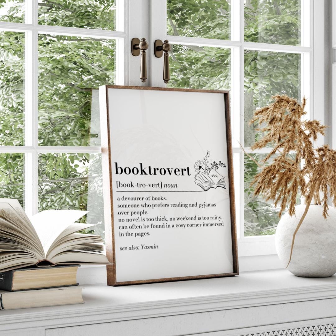 Booktrovert Definition Print: Minimalist Book Lover Gift, Personalised Bookshelf Art, Dictionary Quote Print, Bookworm Frame