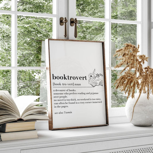 Booktrovert Definition Print: Minimalist Book Lover Gift, Personalised Bookshelf Art, Dictionary Quote Print, Bookworm Frame