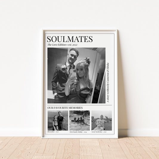 Soulmates Magazine-style photo collage, Personalised Couple Picture Gift, Modern Love Story Print, Romantic Present Valentines Anniversary