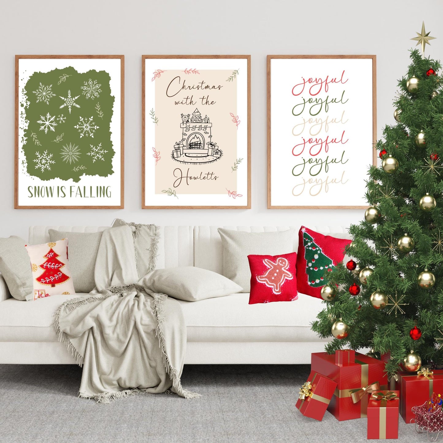 Personalised Christmas Wall Art Set, Festive Printables, Joyful Christmas Decor, Hello Christmas, Snow Is Falling, Cosy Holiday Print Set